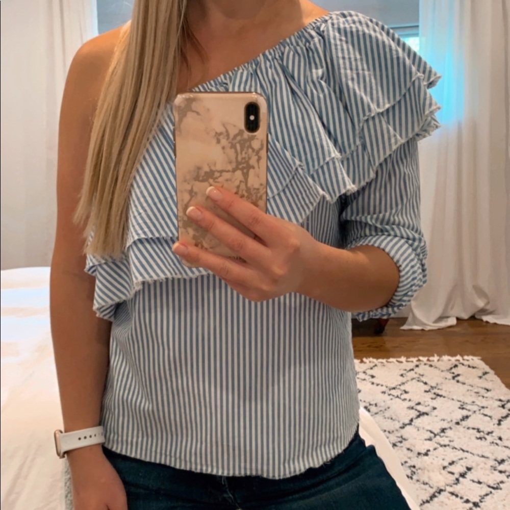 Zara off the shoulder stripped top. Blue and white.